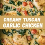 Discover my mouthwatering Creamy Tuscan Garlic Chicken recipe - tender chicken breasts in a rich sauce with sun-dried tomatoes, spinach, and Italian herbs